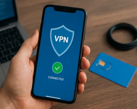 Mano sosteniendo un smartphone con una conexión VPN activa en la pantalla, junto a una tarjeta SIM sobre una mesa.
