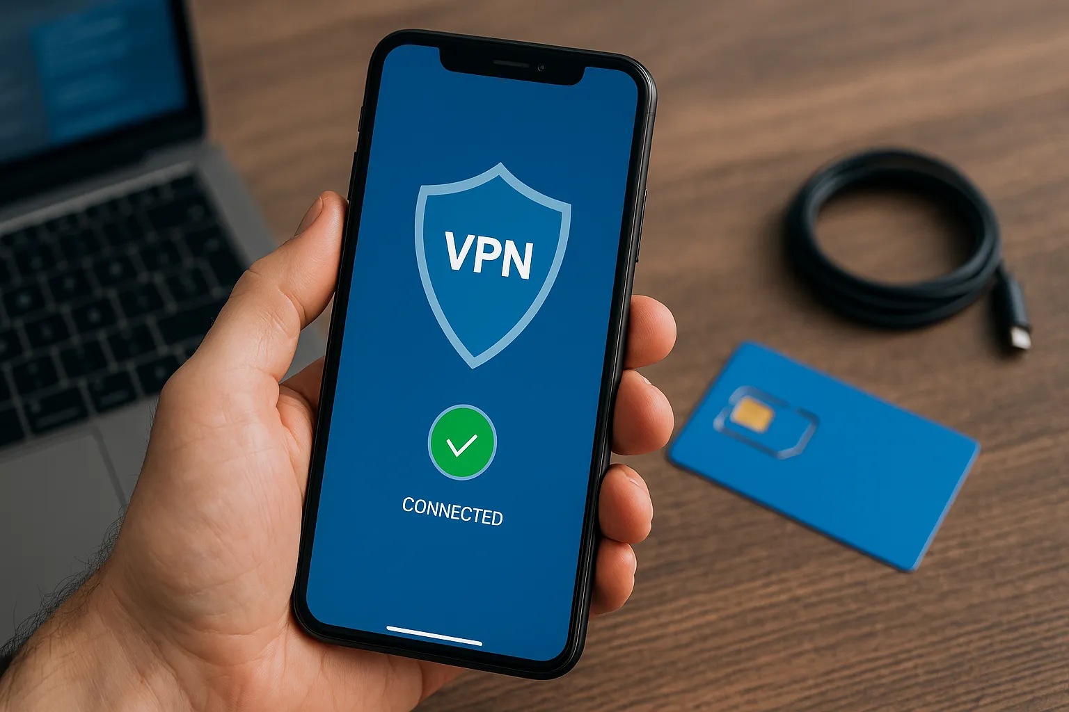 Mano sosteniendo un smartphone con una conexión VPN activa en la pantalla, junto a una tarjeta SIM sobre una mesa.