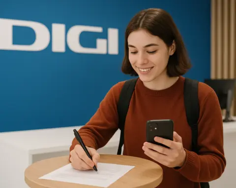 Mujer joven firmando contrato con el móvil en la mano en una tienda Digi, reflejando la contratación de una tarifa móvil