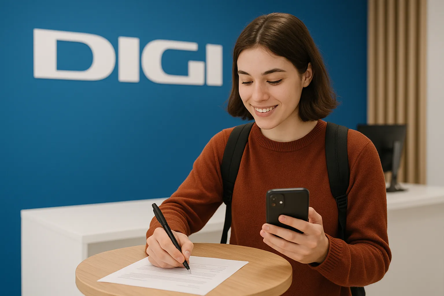 Mujer joven firmando contrato con el móvil en la mano en una tienda Digi, reflejando la contratación de una tarifa móvil