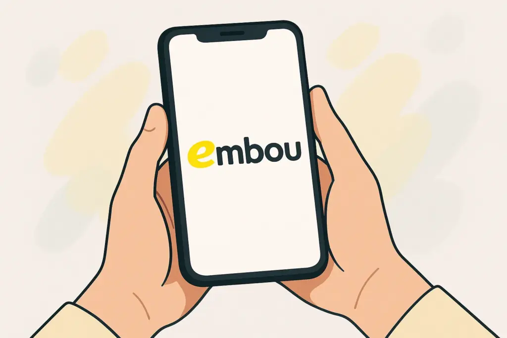 Una persona sostiene un smartphone con el logo de Embou, representando sus tarifas móviles.