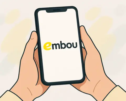 Una persona sostiene un smartphone con el logo de Embou, representando sus tarifas móviles.