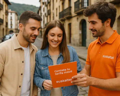 Representante de Euskaltel mostrando tarifas móviles a una pareja en una calle.