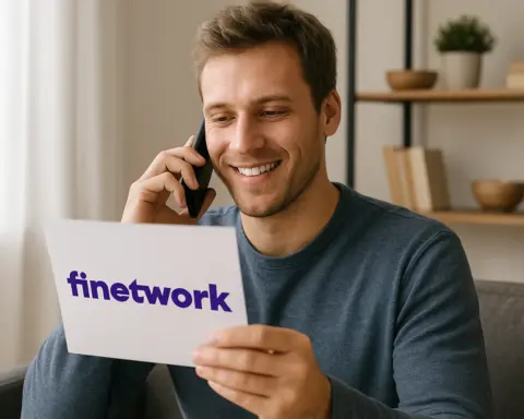 Hombre hablando por teléfono mientras revisa una hoja con el logo de Finetwork.