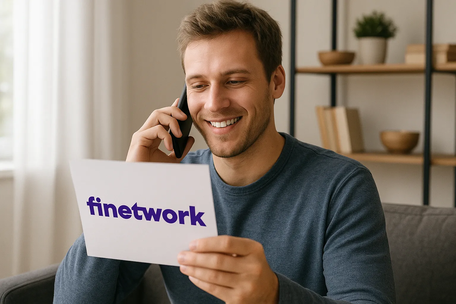 Hombre hablando por teléfono mientras revisa una hoja con el logo de Finetwork.