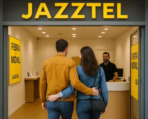 Pareja entrando juntos a una tienda Jazztel para contratar servicio de fibra y móvil, recibiendo atención del personal comercial