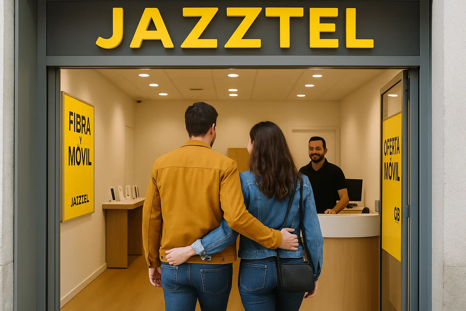 Pareja entrando juntos a una tienda Jazztel para contratar servicio de fibra y móvil, recibiendo atención del personal comercial