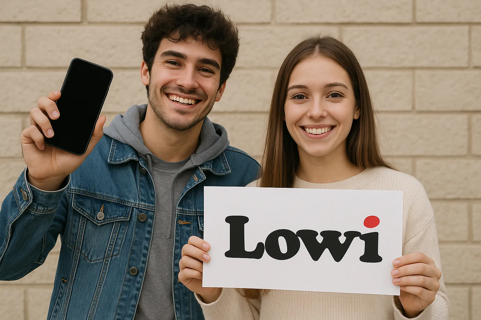 Pareja joven sonriendo y mostrando un cartel de Lowi y un smartphone, representando satisfacción con su tarifa móvil contratada.