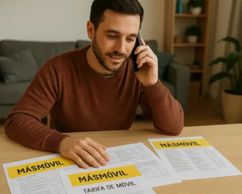 Hombre revisando hojas con información de tarifas de MásMóvil mientras habla por teléfono desde casa, simbolizando análisis de ofertas móviles.