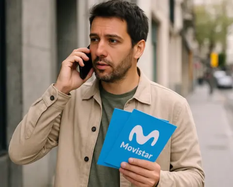 Hombre hablando por teléfono en la calle mientras sostiene folletos de Movistar, representando la contratación o consulta de tarifas móviles de la operadora