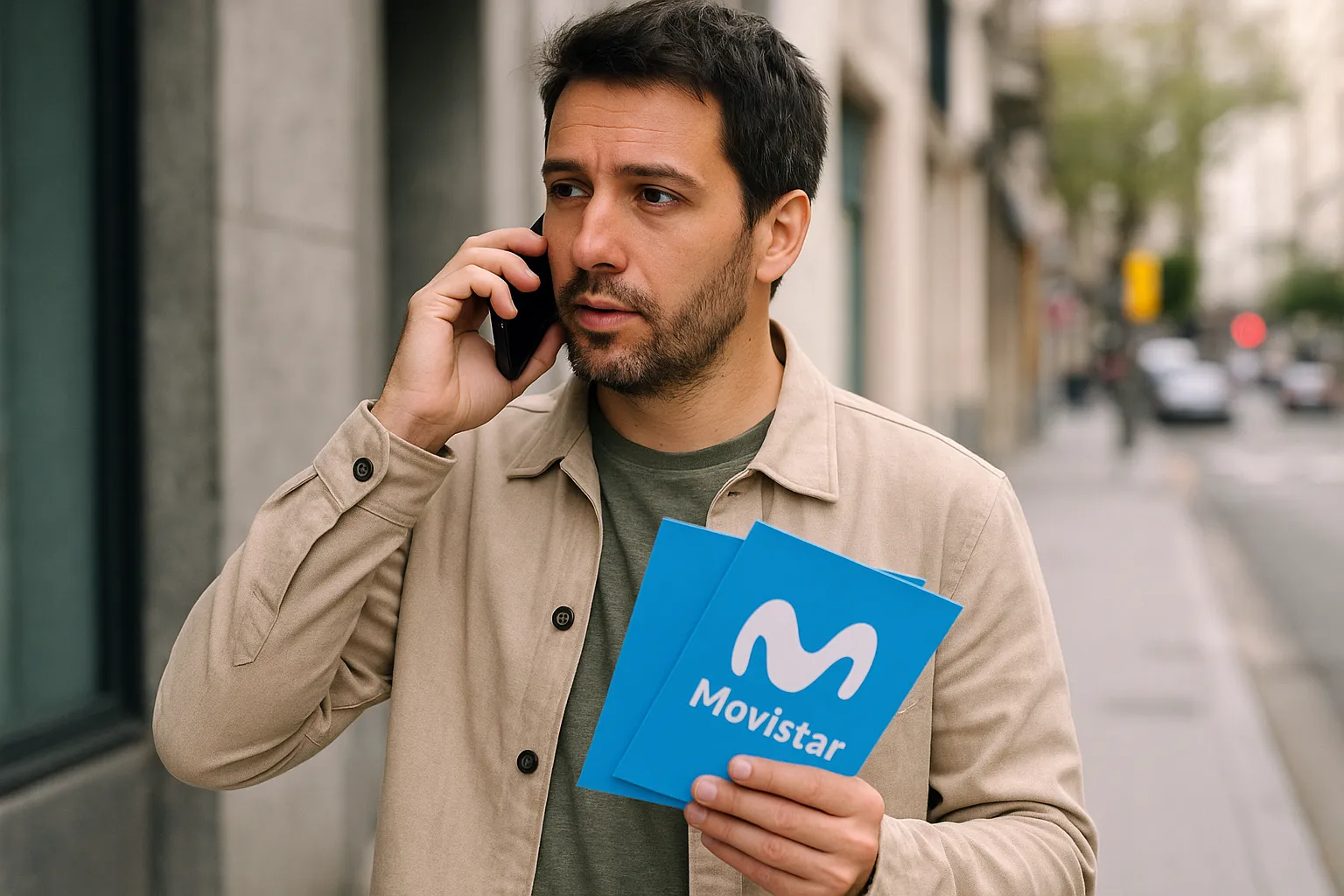 Hombre hablando por teléfono en la calle mientras sostiene folletos de Movistar, representando la contratación o consulta de tarifas móviles de la operadora
