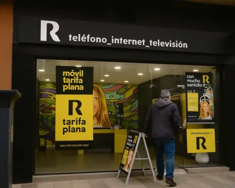Hombre entrando a una tienda de Mundo R con carteles de promociones móviles visibles.