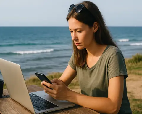 Mujer trabajando frente al mar con portátil y móvil, ideal para nómadas digitales.