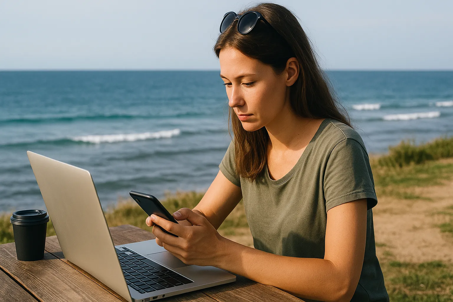 Mujer trabajando frente al mar con portátil y móvil, ideal para nómadas digitales.