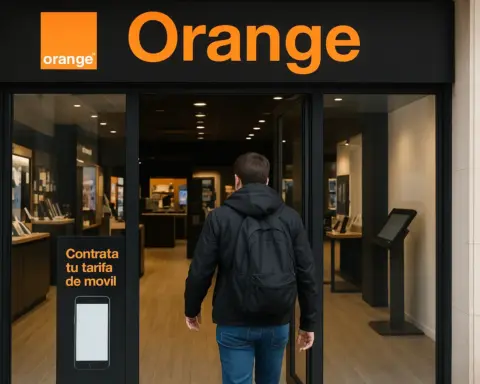 Cliente entrando a una tienda de Orange con cartel de promoción de tarifas móviles, reflejando proceso de contratación presencial de servicios.