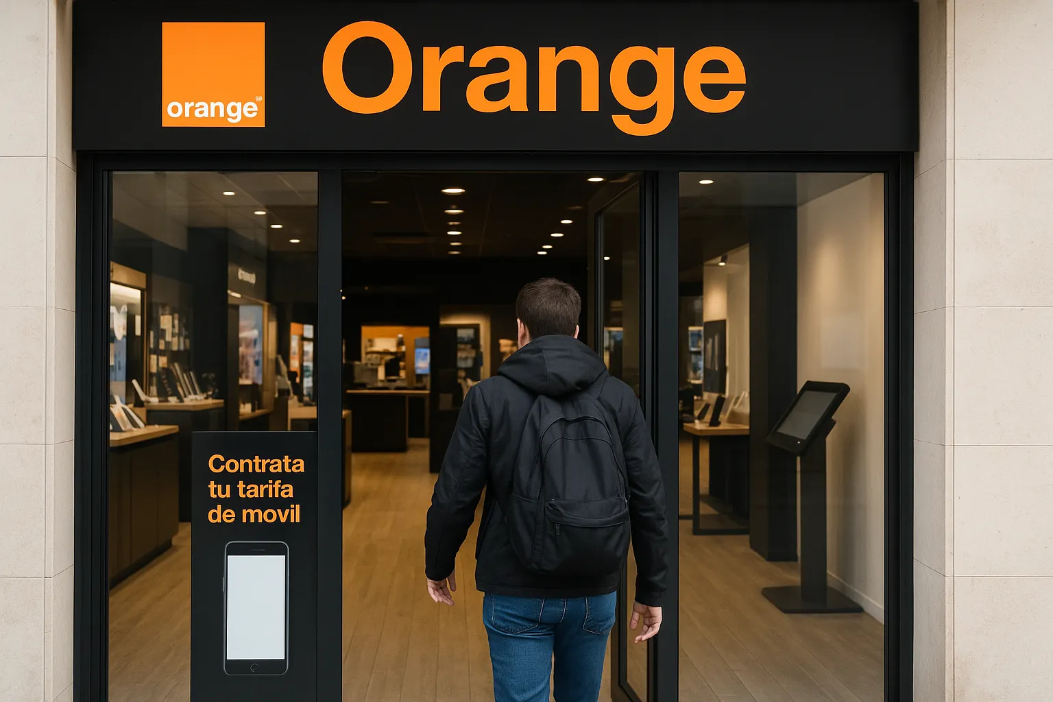 Cliente entrando a una tienda de Orange con cartel de promoción de tarifas móviles, reflejando proceso de contratación presencial de servicios.
