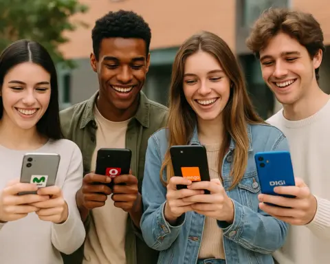Grupo de jóvenes felices usando móviles con logos de Movistar, Vodafone, Orange y DIGI