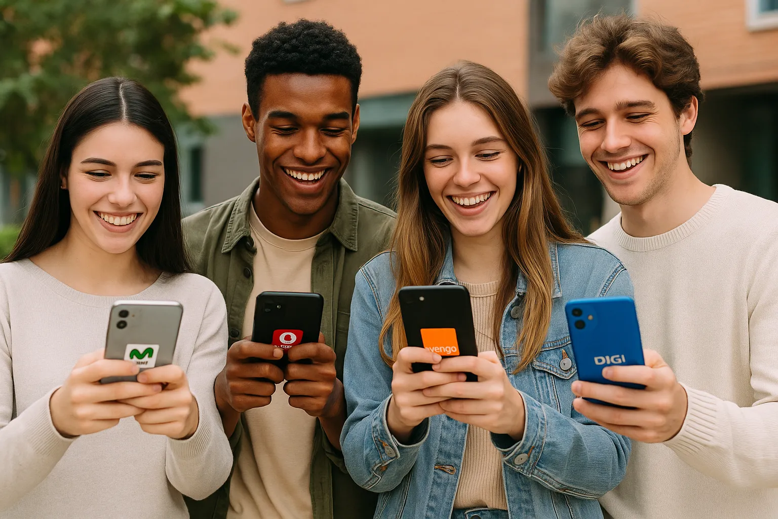 Grupo de jóvenes felices usando móviles con logos de Movistar, Vodafone, Orange y DIGI