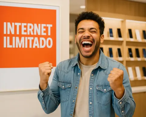 Hombre celebrando con entusiasmo frente a un cartel que anuncia internet ilimitado