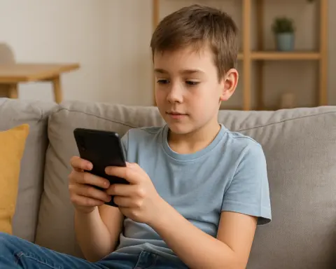 Niño sentado en el sofá usando un smartphone, ideal para ilustrar tarifas móviles infantiles.