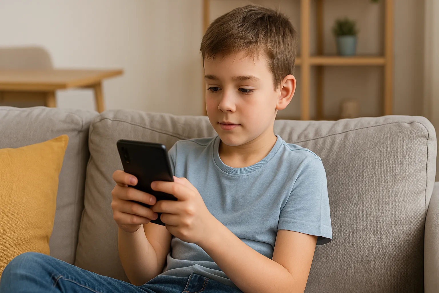 Niño sentado en el sofá usando un smartphone, ideal para ilustrar tarifas móviles infantiles.