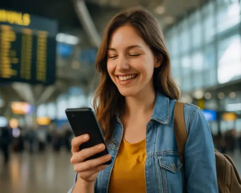 Joven viajera sonriendo aliviada mientras usa su smartphone en un aeropuerto, simbolizando la facilidad de tener internet fuera de Europa con la tarifa correcta.