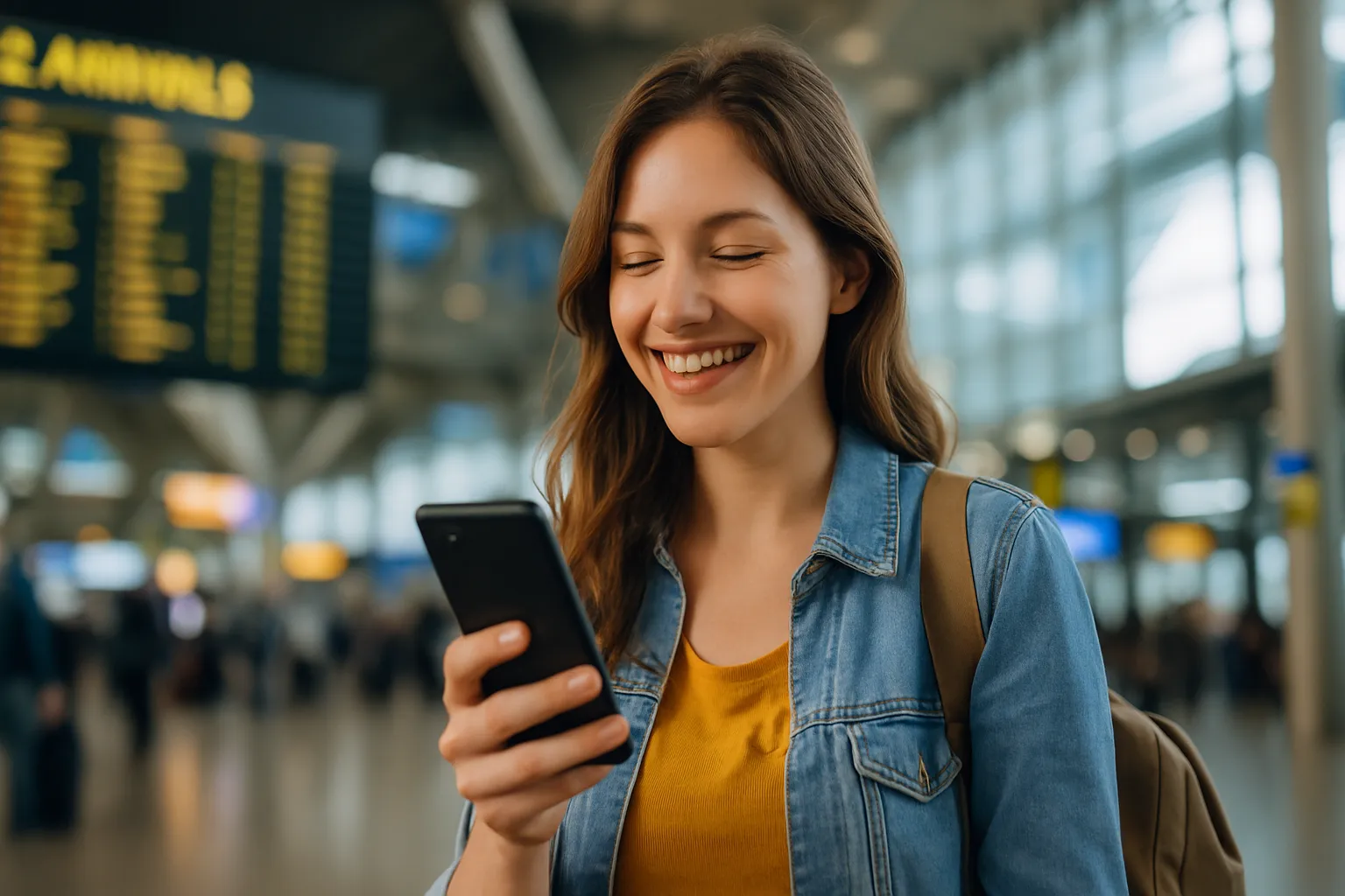 Joven viajera sonriendo aliviada mientras usa su smartphone en un aeropuerto, simbolizando la facilidad de tener internet fuera de Europa con la tarifa correcta.