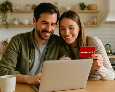 Pareja feliz usando un portátil mientras sostienen una tarjeta SIM de Pepephone, ilustrando contratación online de tarifa móvil