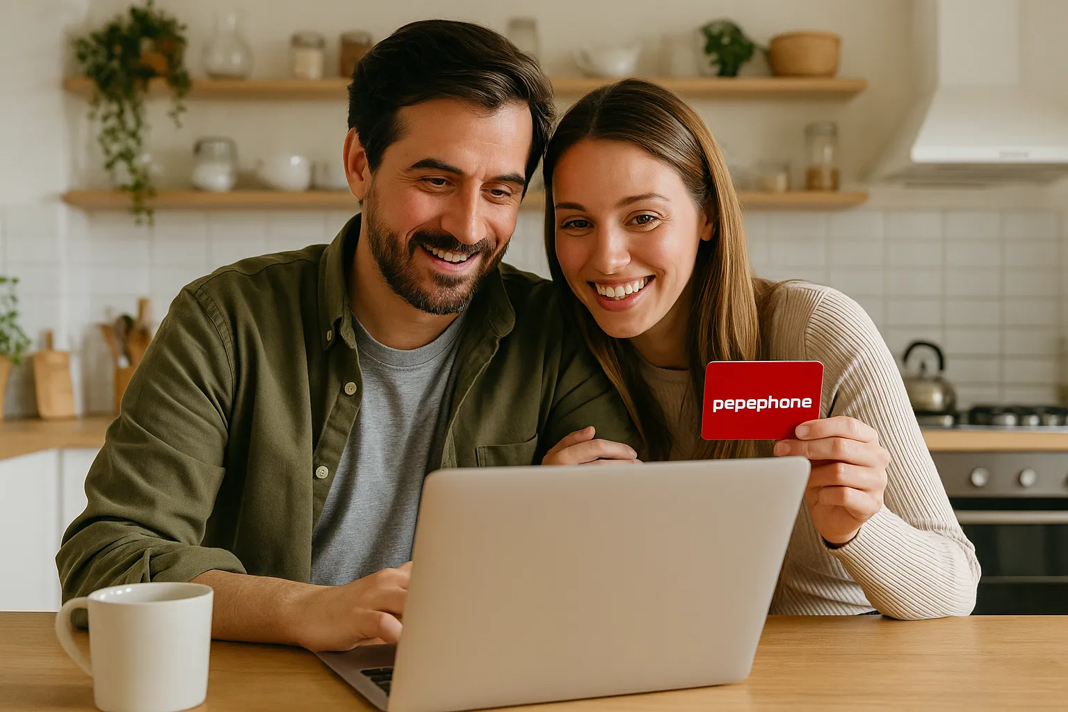 Pareja feliz usando un portátil mientras sostienen una tarjeta SIM de Pepephone, ilustrando contratación online de tarifa móvil