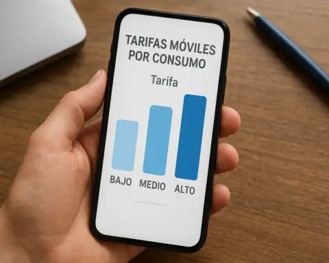 Mano sosteniendo smartphone con gráfico de tarifas móviles por consumo: bajo, medio y alto.