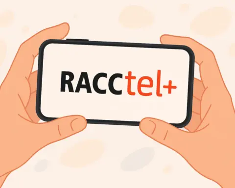 Una persona sostiene un smartphone con el logo de Racctel+, representando sus tarifas móviles.