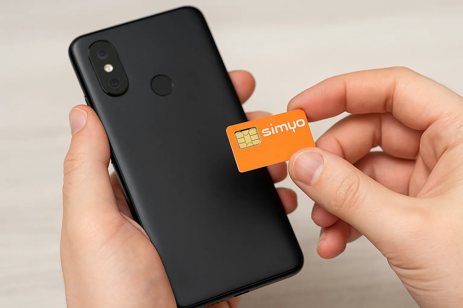 Mano insertando una tarjeta SIM de Simyo en un smartphone negro, representando el proceso de activación o cambio de tarifa móvil con la operadora.