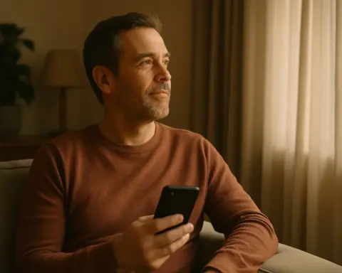 Hombre de unos 45 años sentado en un sofá en su casa, sosteniendo un smartphone en la mano pero mirando por la ventana con expresión serena y satisfecha, luz natural cálida entrando por la ventana, ambiente tranquilo y relajado.