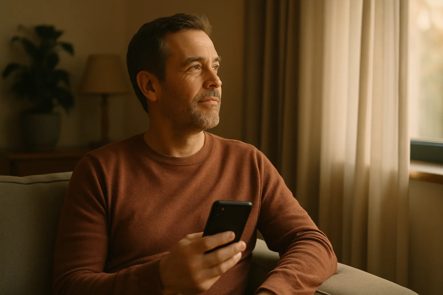 Hombre de unos 45 años sentado en un sofá en su casa, sosteniendo un smartphone en la mano pero mirando por la ventana con expresión serena y satisfecha, luz natural cálida entrando por la ventana, ambiente tranquilo y relajado.