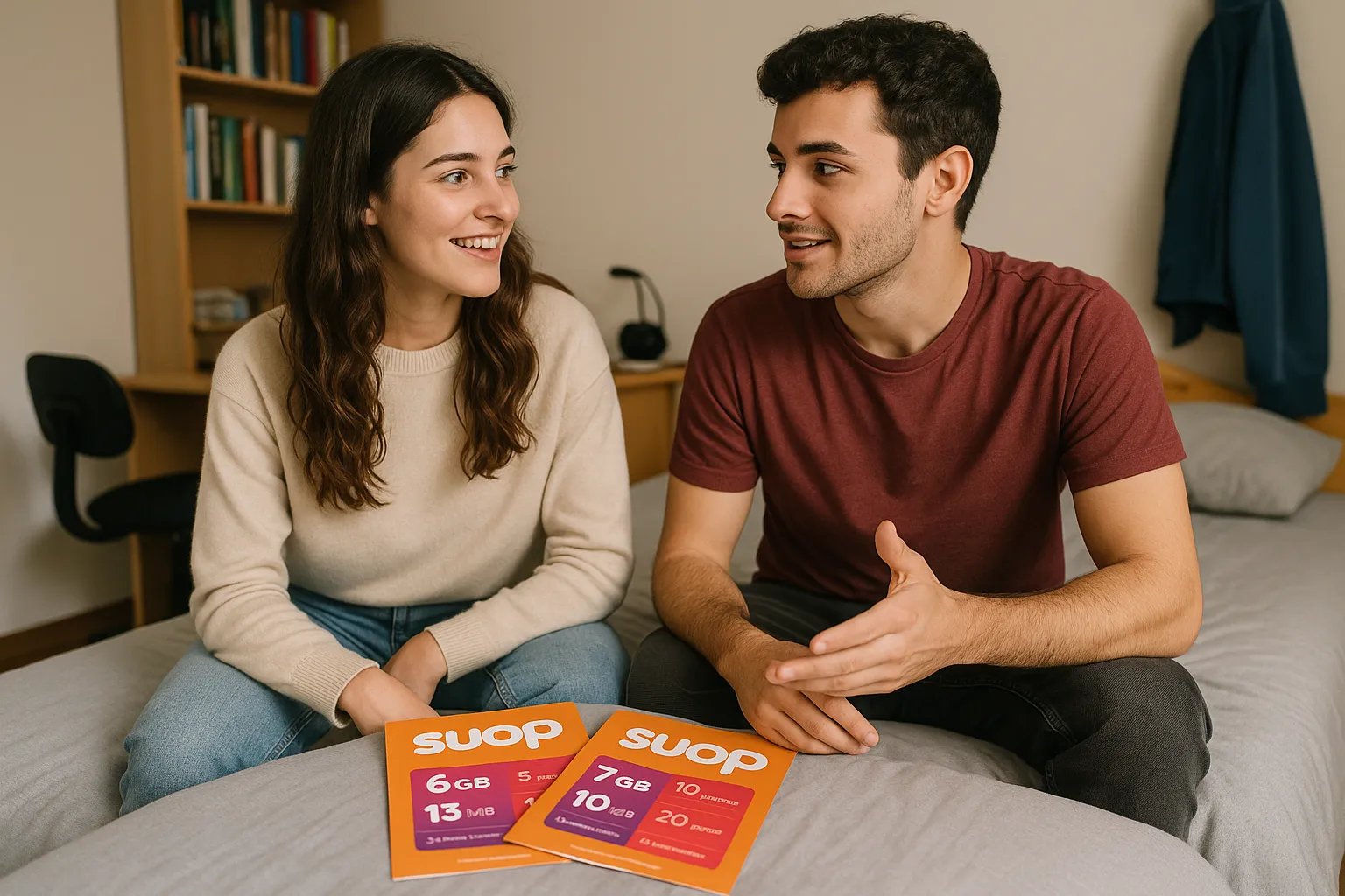 Pareja joven sentada en una cama comentando tarifas móviles de Suop.