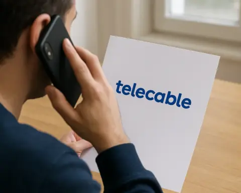 Persona hablando por teléfono mientras sostiene un cartel con el logo de Telecable.