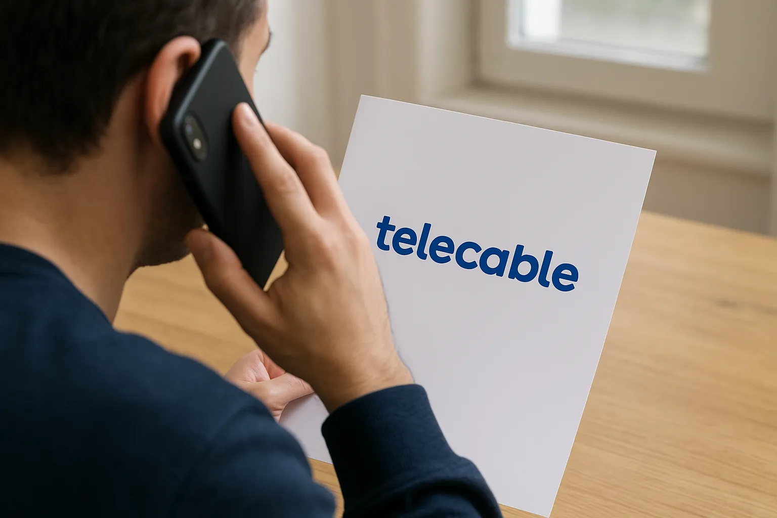 Persona hablando por teléfono mientras sostiene un cartel con el logo de Telecable.