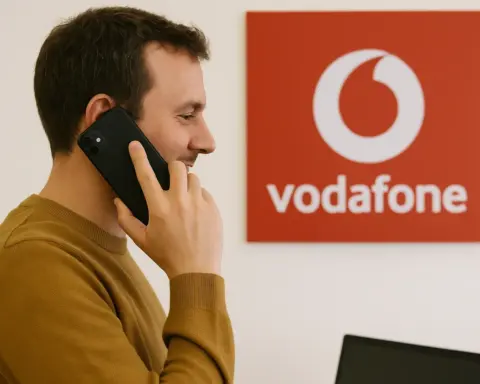 Hombre joven hablando por teléfono dentro de una oficina con el logotipo de Vodafone al fondo, simbolizando atención o contratación de tarifas móviles.
