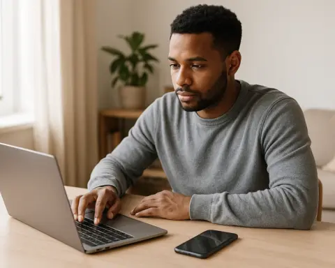 Una persona trabaja desde casa con su ordenador y sobre la mesa tiene su móvil con una tarifa ilimitada para autónomos.