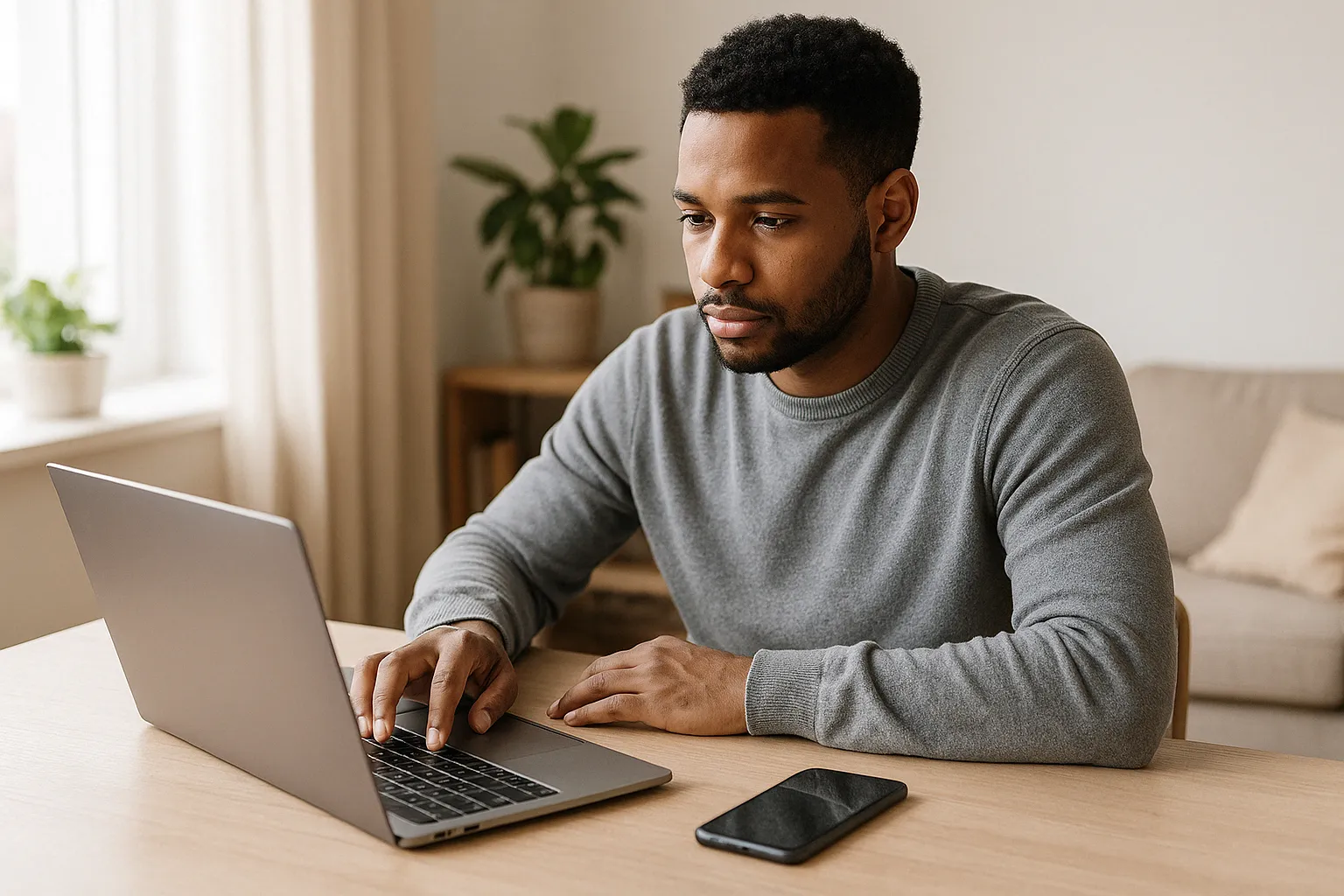 Una persona trabaja desde casa con su ordenador y sobre la mesa tiene su móvil con una tarifa ilimitada para autónomos.