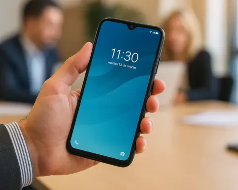 Una persona sostiene un teléfono móvil con una tarifa ilimitada para empresas mientras mantiene una reunión de trabajo.