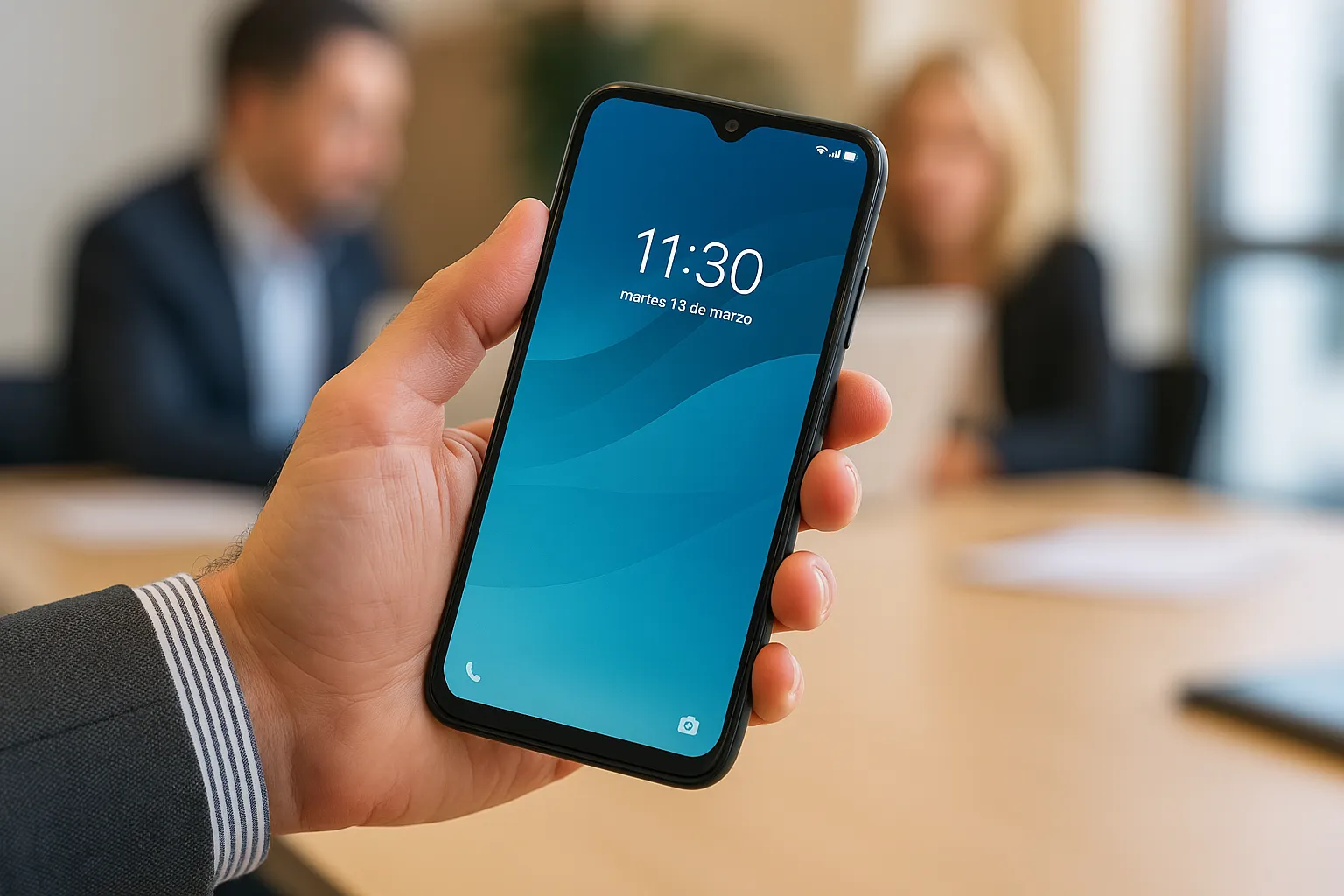 Una persona sostiene un teléfono móvil con una tarifa ilimitada para empresas mientras mantiene una reunión de trabajo.